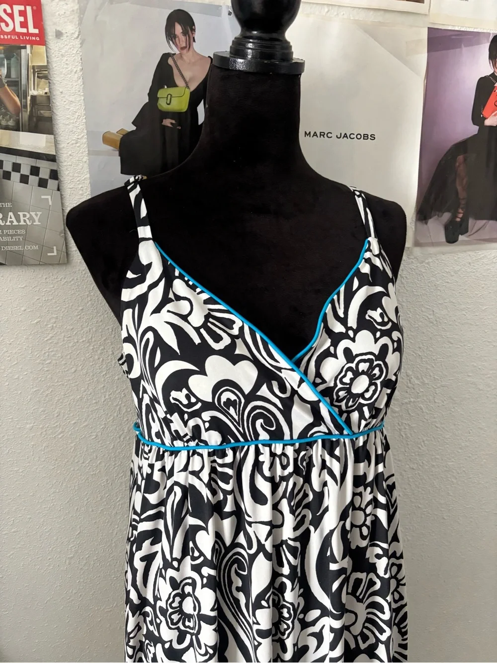 INC International Concepts Black & White Printed Maxi Dress with Teal Trim